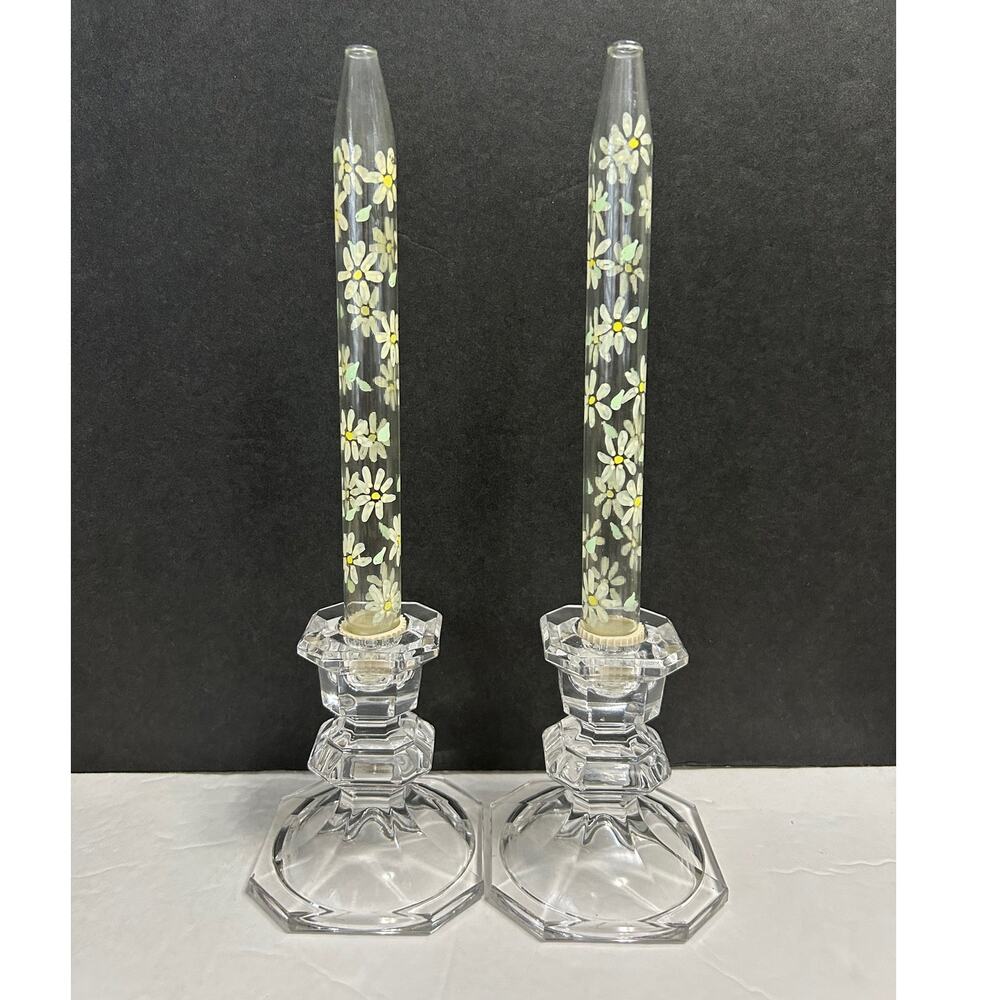 Glass Oil Lamp Candles Handpainted Daisies With Glass Candlesticks